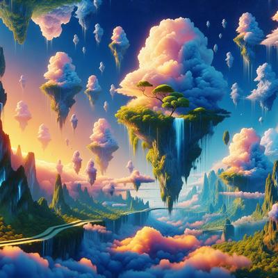 The primary subject of the image is a whimsical, colorful, and imaginative landscape featuring a tree, a waterfall, and a variety of floating clouds. The setting is a fantastical world with a vibrant atmosphere, likely a digital art or illustration. The visual style is artistic and creative, with a focus on the intricate details and the harmonious blend of colors. The colors and mood of the image are lively, energetic, and uplifting, evoking a